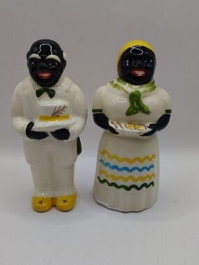 Vintage Black Americana Ceramic Salt and Pepper Shakers - White, Yellow, Green